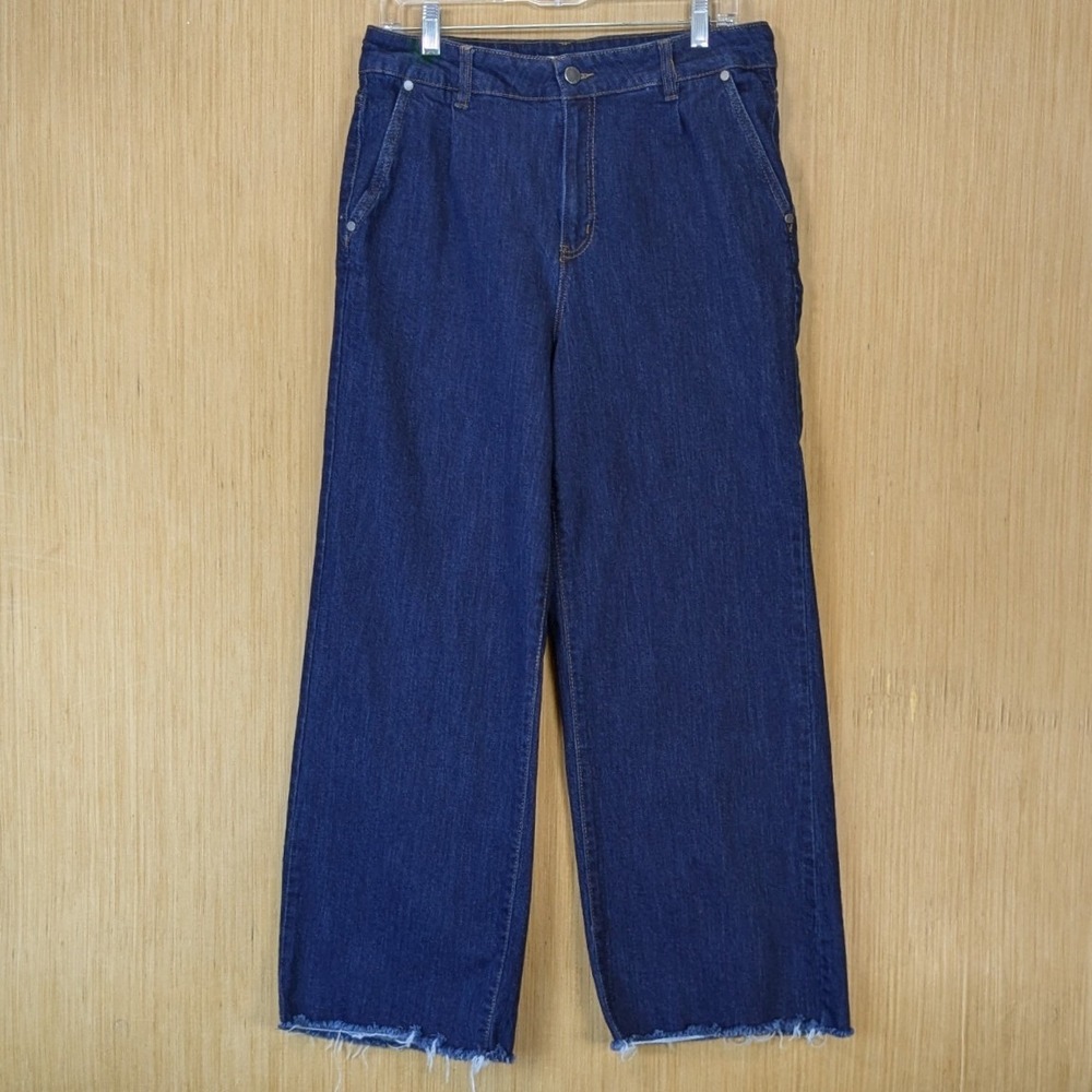 OAT New York Women's High Waist Wide Leg Raw Hem Jeans Size 12/31 Dark Wash